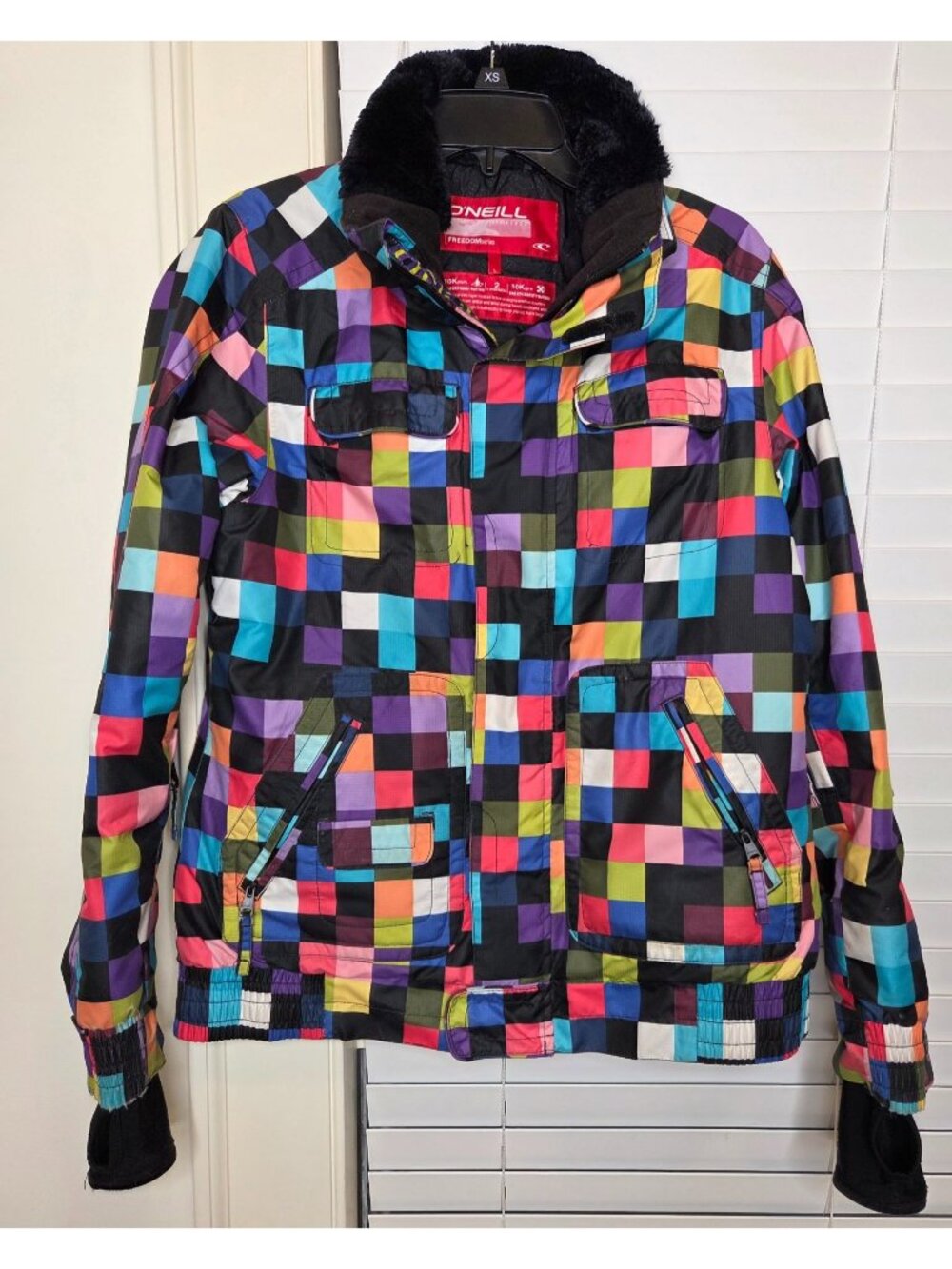 VTG Y2K ONeill Womens colorblock Checkered Snow Jacket Coat L  Patchwork